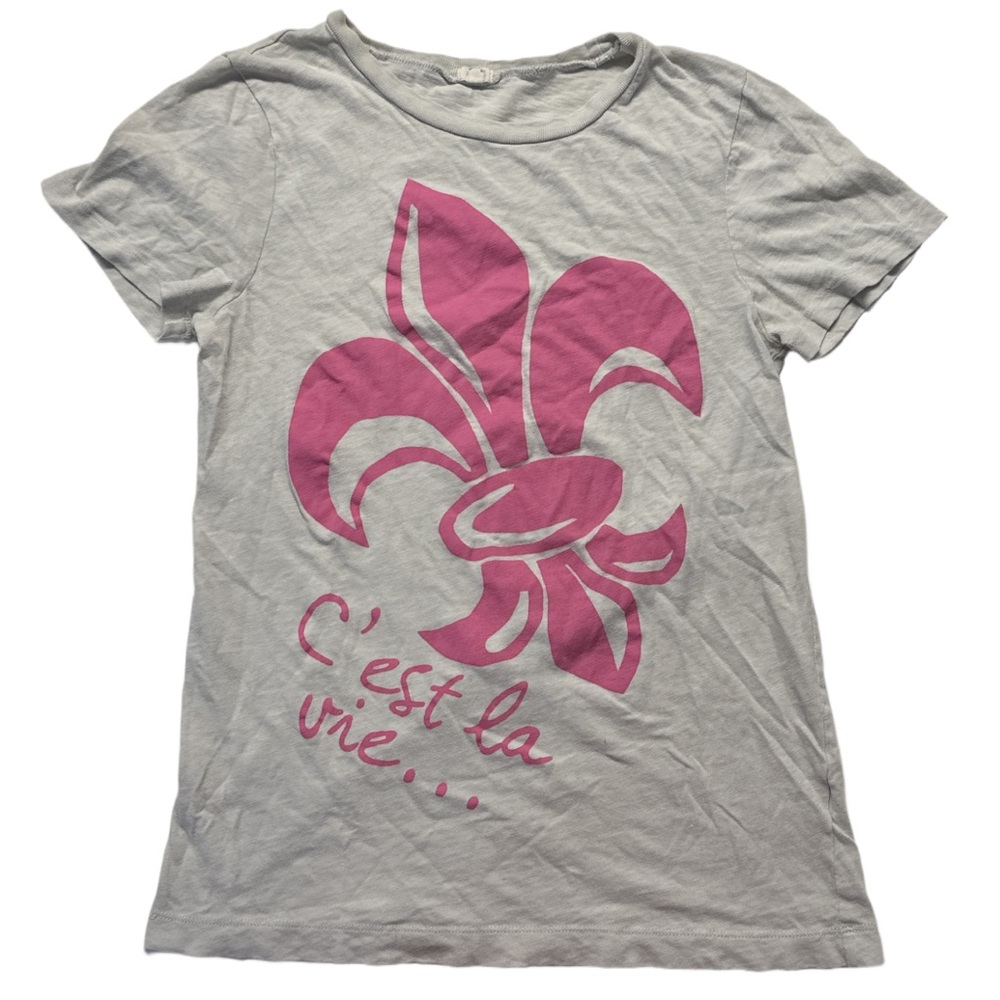 '09 J CREW women's cream + pink fleur de lis graphic tee, M.